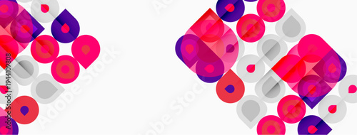 Abstract geometric pattern. Squares, circles overlap creating vibrant colorful design. Pink, purple hues dominate white background.