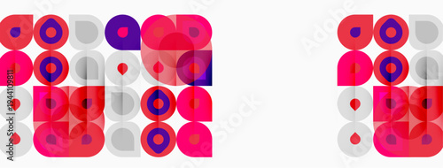 Abstract geometric pattern. Circles, squares overlap creating vibrant pink, purple hues on white background. Minimalist design.