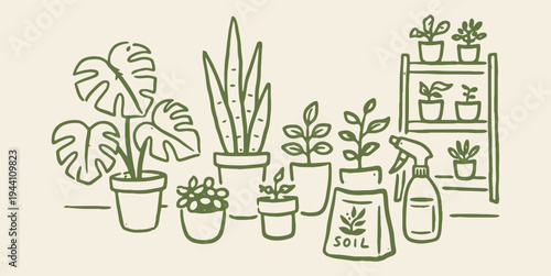 Houseplant care set naive hand drawn vector illustration