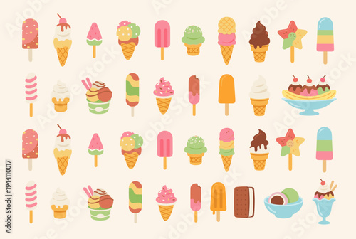 Ice Cream Icon Set – Colorful Popsicle Gelato Dessert Collection Flat Vector Illustration