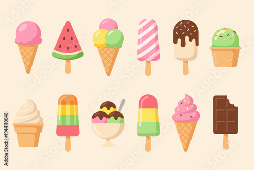 Ice Cream Icon Set – Colorful Popsicle Gelato Dessert Collection Flat Vector Illustration