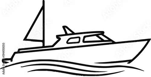 A simple line drawing of a motorboat with a sail on a wavy ocean