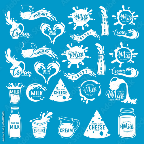 Dairy Product Icon Set – Milk Yogurt Cheese Cream Bottle Vector Collection