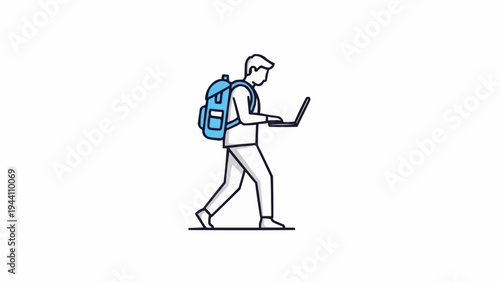 Man Walking with Laptop and Backpack.