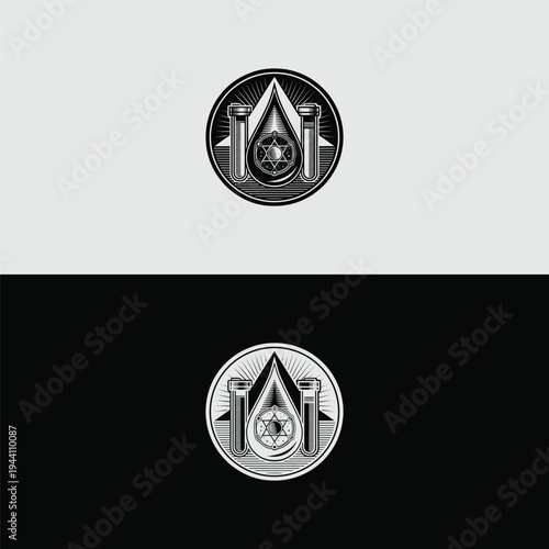 An elaborate grayscale circular badge illustrates a central liquid drop encompassing a complex sacred geometric motif, flanked by classic scientific laboratory test tubes.