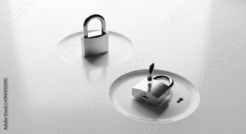 Broken and unbroken metal padlocks on white surface