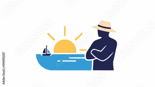 Man Standing on Boat at Sunset.
