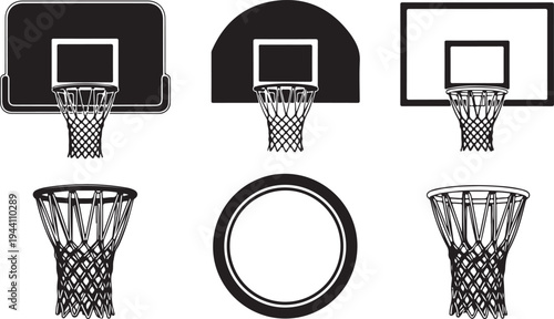 Basketball backboards and hoops collection, including various design shapes and styles for different court setups