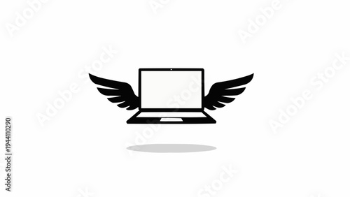 Winged laptop computer technology symbol icon.