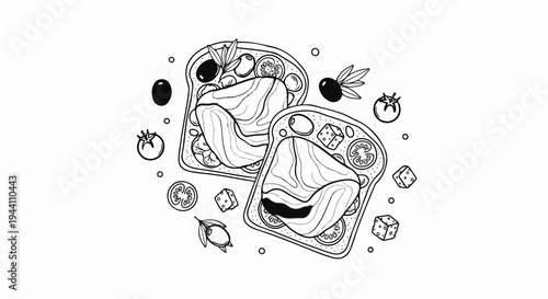 A delightful black and white illustration of two open-faced sandwiches with salmon and toppings