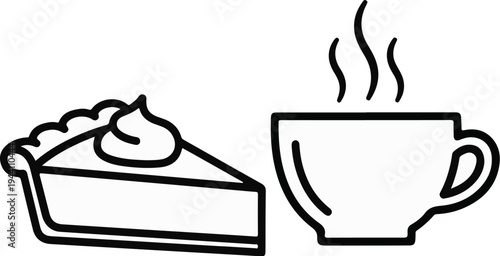A simple line drawing of a slice of pie with whipped cream and a steaming cup