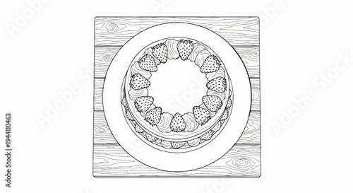 A delightful line drawing of a strawberry cake with whipped cream on a wooden surface