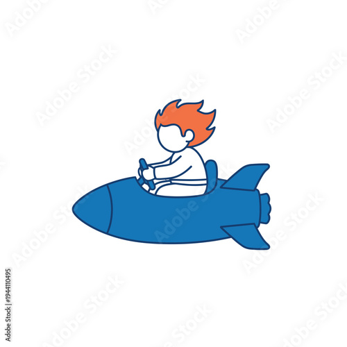 Cartoon boy piloting a blue rocket ship with orange hair.