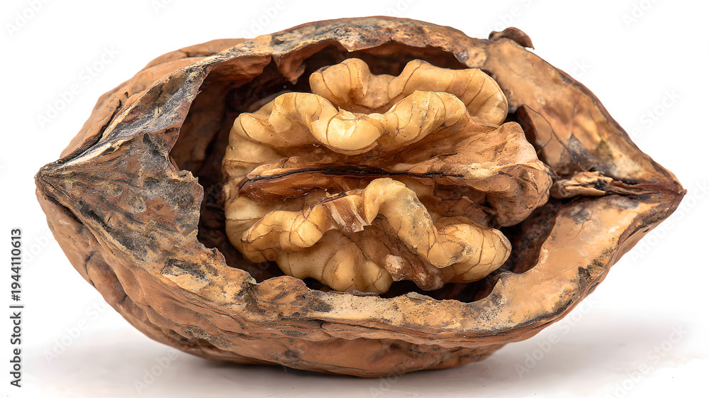Fototapeta premium Cracked walnut shell with nut inside