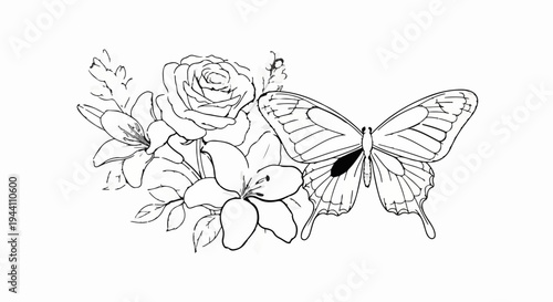 A delicate ink drawing features a large butterfly beside a cluster of blooming flowers