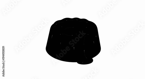 A dark, glossy dessert with a shimmering texture, set against a white background