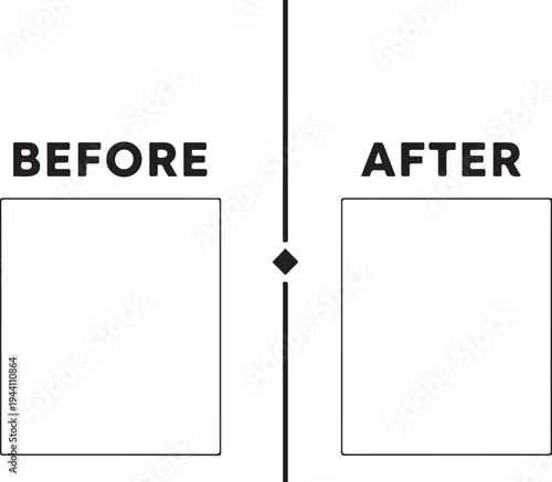 Before and after comparison template with split screen divider and two empty rectangular frames for photos on transparent background