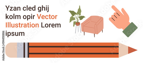 Creative design, workspace , education, home decor, minimalism, inspiration. Image includes hand pointing, orange pencil armchair and potted plant with text. Creative design and workspace themes