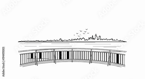 A simple line drawing shows a bridge railing, water, and a city skyline with birds