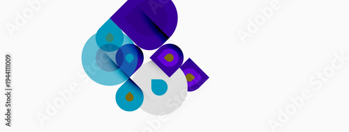 Abstract shapes overlap, creating vibrant composition. Purple, blue hues dominate white background. Modern design elements present.