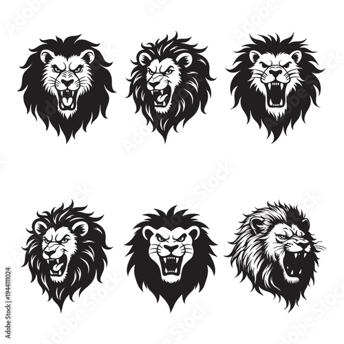 Black illustrations of roaring lion heads with detailed manes