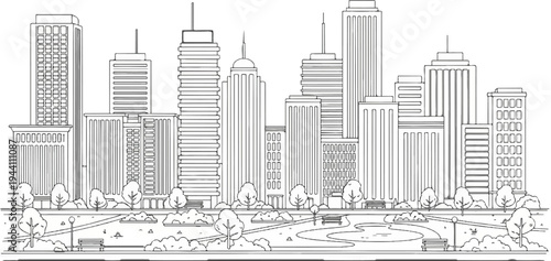 A detailed line drawing of a city skyline with a park and pond in the foreground