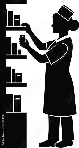 Black silhouette of a female pharmacist or chemist checking a product on a shelf