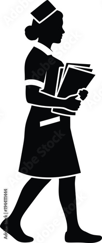 Vector silhouette of a female nurse holding books