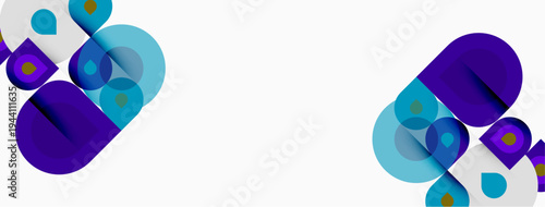 Abstract geometric shapes, purple, blue tones. Overlapping circles, squares create modern design. Clean background emphasizes forms.