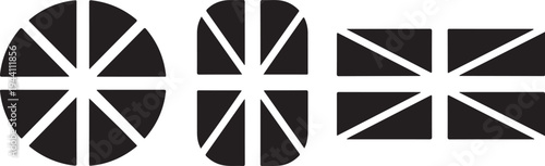 Abstract geometric shapes divided into triangular segments in circle, rounded square, and rectangle forms