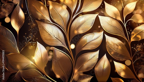 Gold Vintage Leaves And Floral Line Art Holiday Bokeh Background