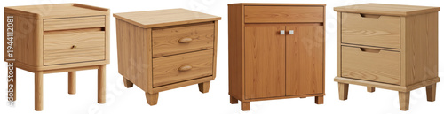 Fotografie Collection of modern wooden bedside cabinets and nightstands, showing various styles