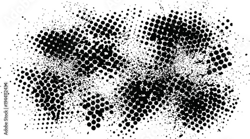 Abstract black and white halftone pattern with scattered dots creating a dynamic visual effect