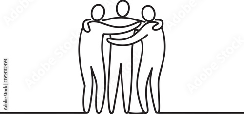 Three people standing together with their arms around each other's shoulders