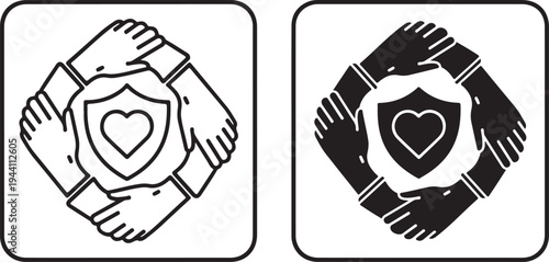 Hands holding shield with heart icon, concept of protection and unity, outline and solid version