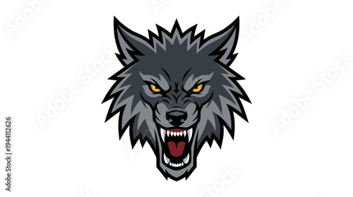 Fierce wolf head illustration with sharp features and intense expression, ideal for branding
