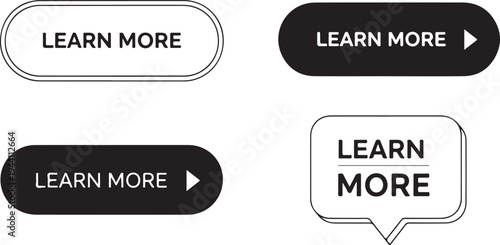 Learn more buttons. vector set of four different styles of call to action button with text and play icon