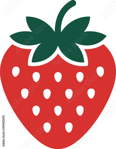 Vibrant red strawberry graphic features green crown on white.