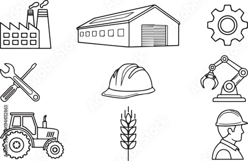 Industrial and factory icons representing manufacturing production industry construction agriculture engineering and labor safety equipment safety hard hat