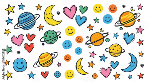 Colorful doodle pattern featuring planets, moons, hearts, and smiles on a white background