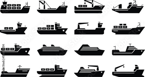 Ship and boat silhouette icon set, cargo, container, cruise, and maritime transport vector illustration