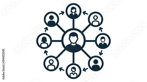 Illustration of a central figure connecting with diverse individuals in a network diagram