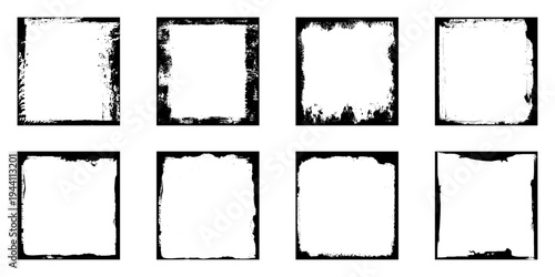 Photo edges stroke collection - black monochrome square frames with distinctive distressed borders, grunge textures and weathered appearance. Aged photography overlays with scratched surfaces.