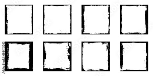 Photo edges stroke collection - black monochrome square frames with distinctive distressed borders, grunge textures and weathered appearance. Aged photography overlays with scratched surfaces.