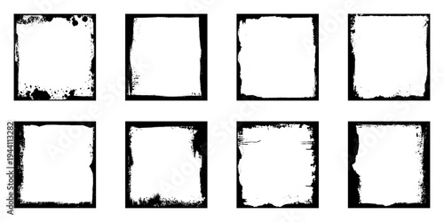 Photo border stroke set - minimalist black rectangular edges with scratched grungy perimeter and distressed worn texture. Realistic clean monochrome frames. 