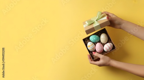 Hands opening Easter gift box with decorated eggs over yellow background with copy space