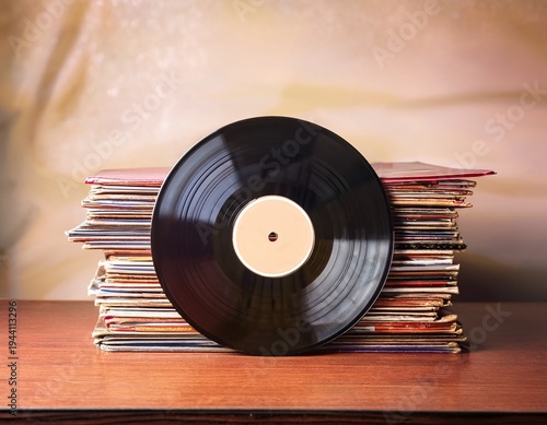 vintage vinyl record on stack of album covers in warm lighting