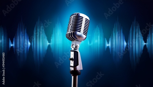 vintage microphone against dark background with sound waves