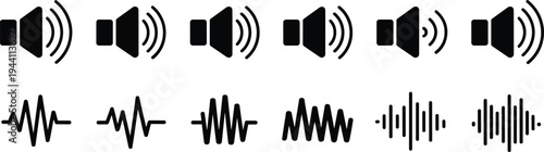 Audio sound icon collection with speaker symbols and waveform signals, volume levels, music sound effects, black vector illustration set