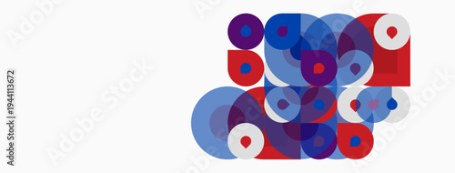 Abstract composition featuring overlapping circles, squares, rectangles. Red, blue hues dominate white background. Modern design elements present.